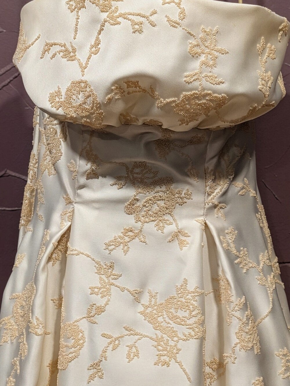 Strapless Ivory Dress with Gold Floral Embroidery